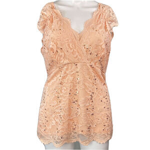 Boston Proper Shirt Women Sz M Pink Sparkle Wrap Top Scalloped‎ Lace Overlay